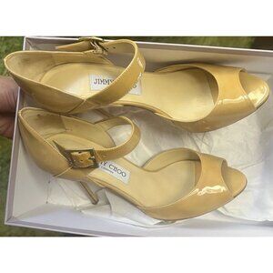 Jimmy Choo Peep Toe Mary Jane heel Sz 37 buckle Italy yellow nude gold bag